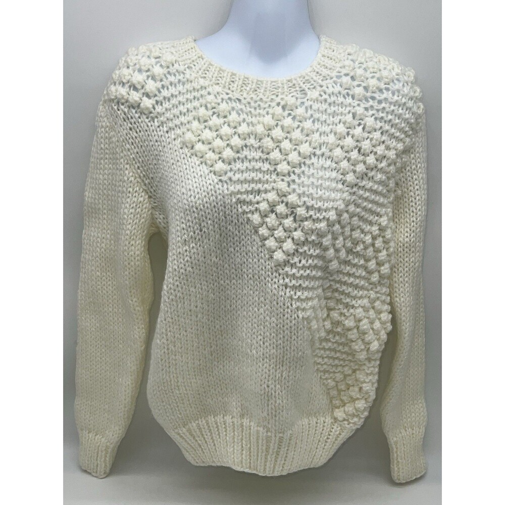 Vintage 80s Ray Strauss Cozy Off White Bubble-Stitch Crewneck Sweater-Size M